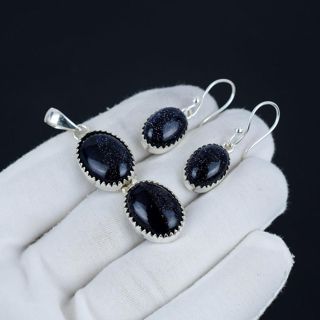Blauer Sonnenstein Anhänger Set, Blauer Sonnenstein Edelstein Handarbeit 925 Sterling Silber Ohrring Anhänger Set für Frauen Anhänger Watte Geschenk
