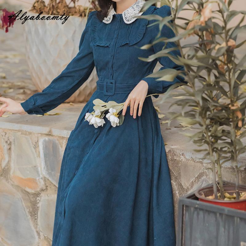 Mori Girl Autumn Winter Women Long Shirt Dress Blue Beading Vintage Buttons Dress Corduroy Elegant Feminine Dress With Belt
