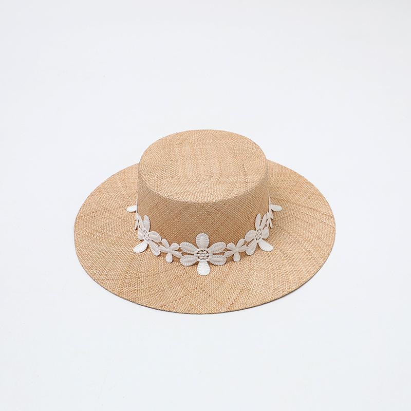 New Fashion Handmade High Quality Designer Hat Women Wide Brim Beige Ribbon Vintage Straw Cap Sun Hat Beach Designer Hats