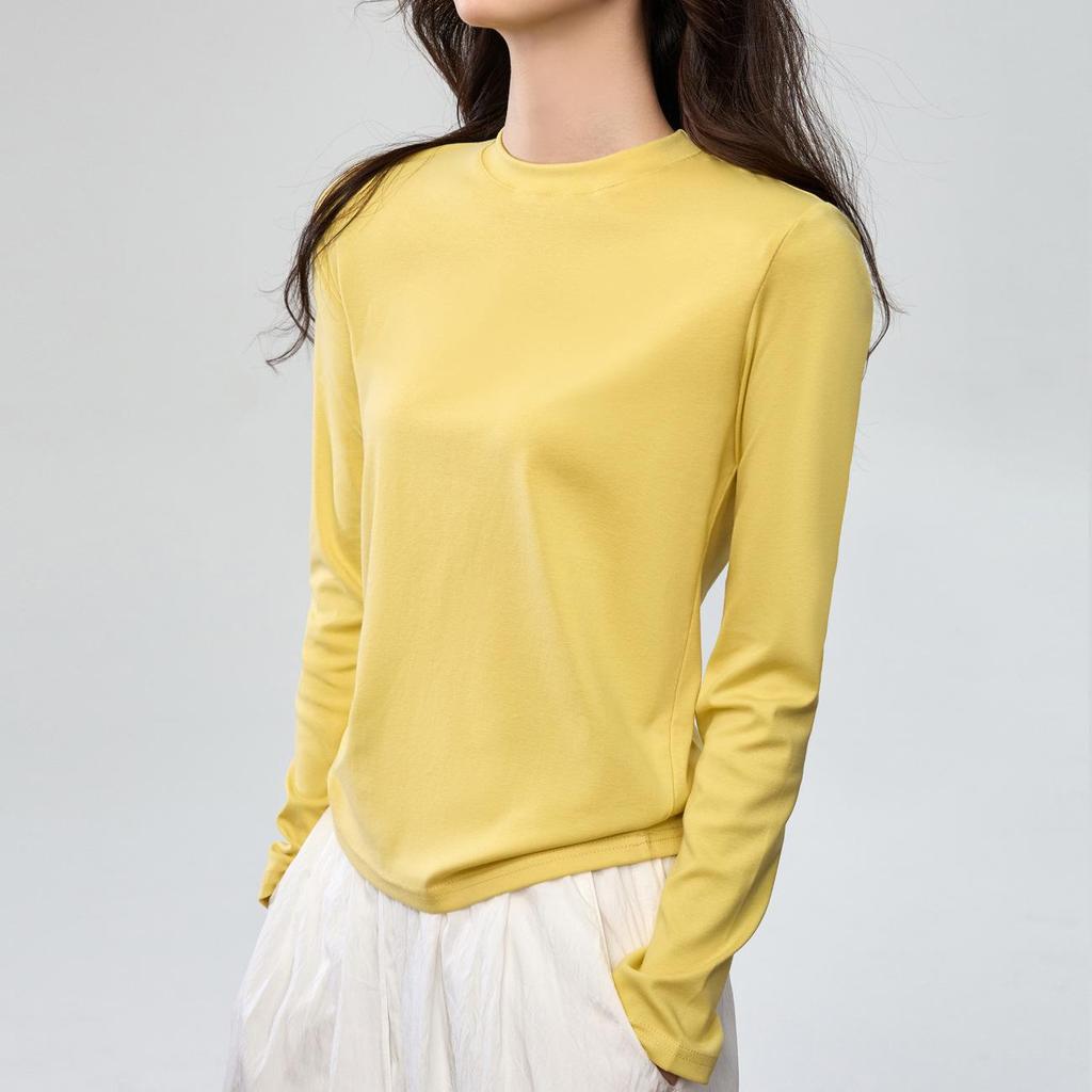 Damski Luźny Bawełniany T-shirt z Długim Rękawem w Kolorze Różowym, Półwysoki Okrągły Dekolt