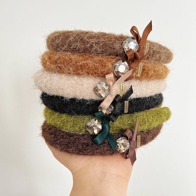 Rhinestone Metal Letter Headband Wool Headdress Vintage Bow Hair Accessories