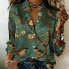 Women Satin Vintage Floral Bird Print Shirt Long Sleeve Lapel Button‑Down Blouse Elegant Office Casual Ladies Multi‑Color Top