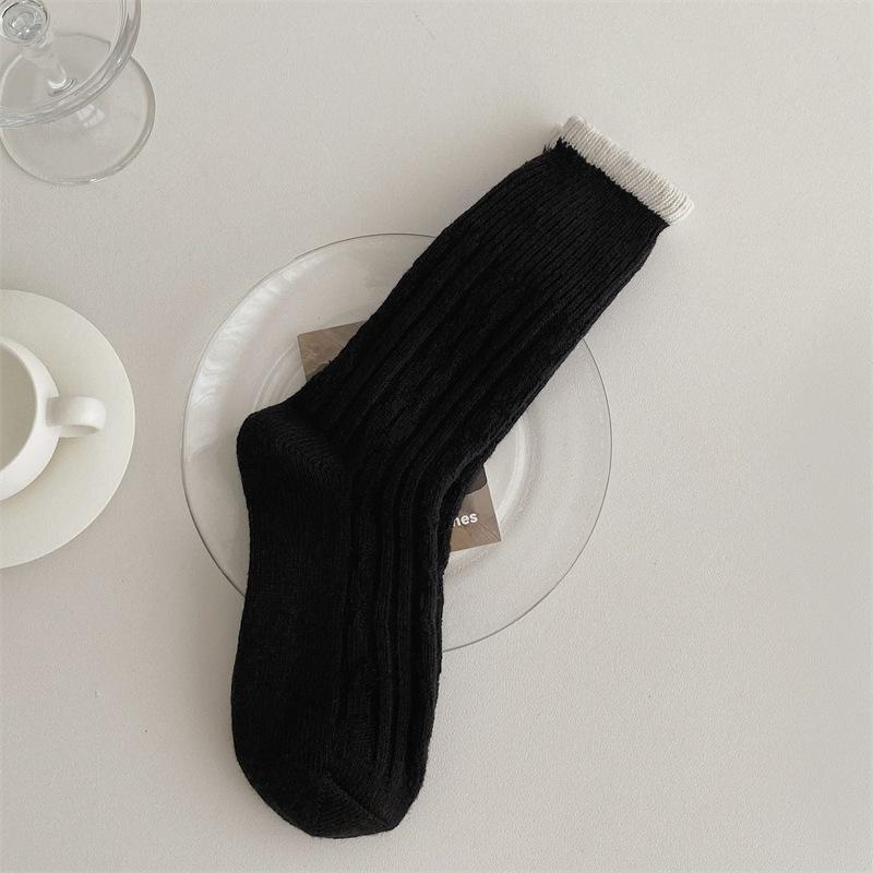 Autumn and Winter Color-blocking Socks, Women's Mid-calf Socks, Thickened Wool Socks, Warm and Retro Pile Socks