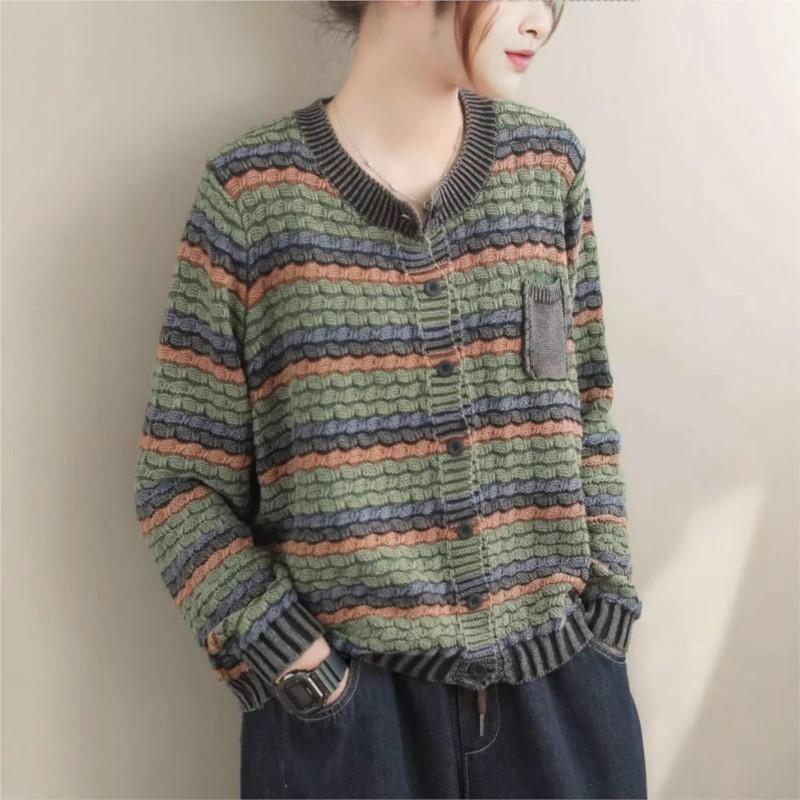 Johnature Women Vintage Knitted Sweaters O-Neck Long Sleeve Striped Spring Soft Patchwork Pockets Sweaters