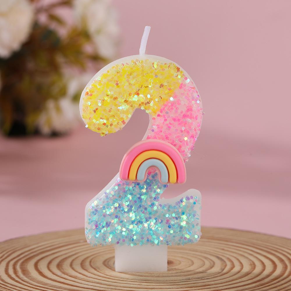 Rainbow Glitter Number Candles for Children's Birthday Cake, 0-9 Toppers