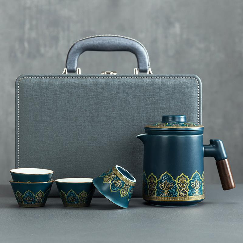 Portable ceramic one pot four cups travel tea set portable tea pot tea cup small set business gift express cup