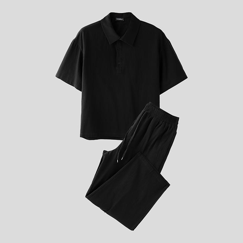 

INCERUN Vintage Two Pieces Men Lapel Neck Short Sleeve T-Shirt Long Straight Pants Outfits S чёрный