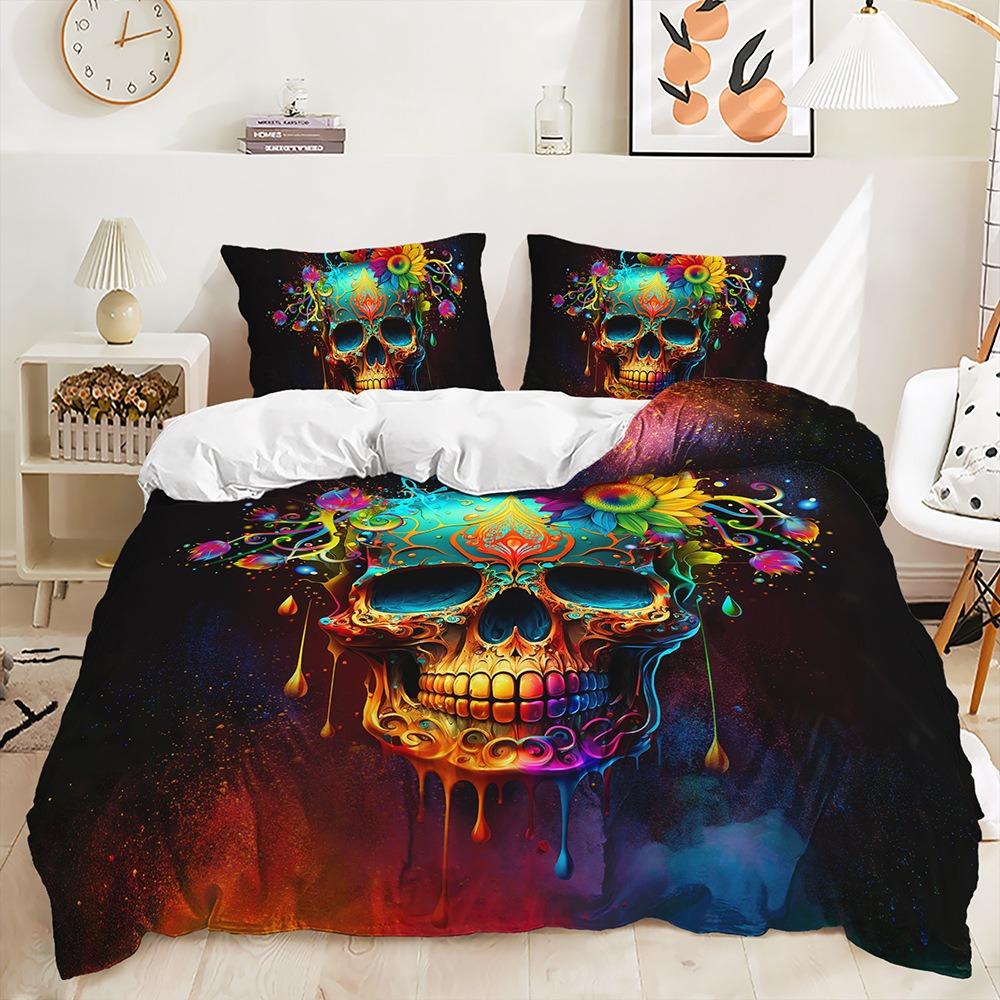 3D Gedrucktes Schädel Blumen Bettwäsche Set King Queen Bett Daunen Bettbezug Kissenbezüge 2/3tlg. Männer Jungen Teenager Bezug Halloween Geschenk