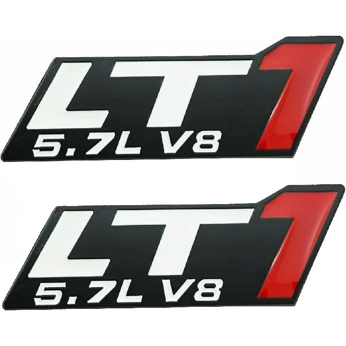 2X Chrome 3D Metal LT1 5.7L V8 Engine Emblem Badge Decal replacement for Camaro Corvette (Black White)