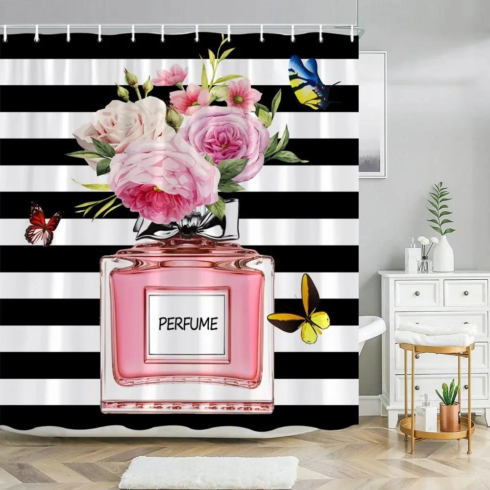 Tenda da Doccia Rosa con Tacchi Alti Set Strisce Bianche e Nere Decorazione Bagno Ragazza Donna Poliestere Tende Vasca da Bagno Ganci