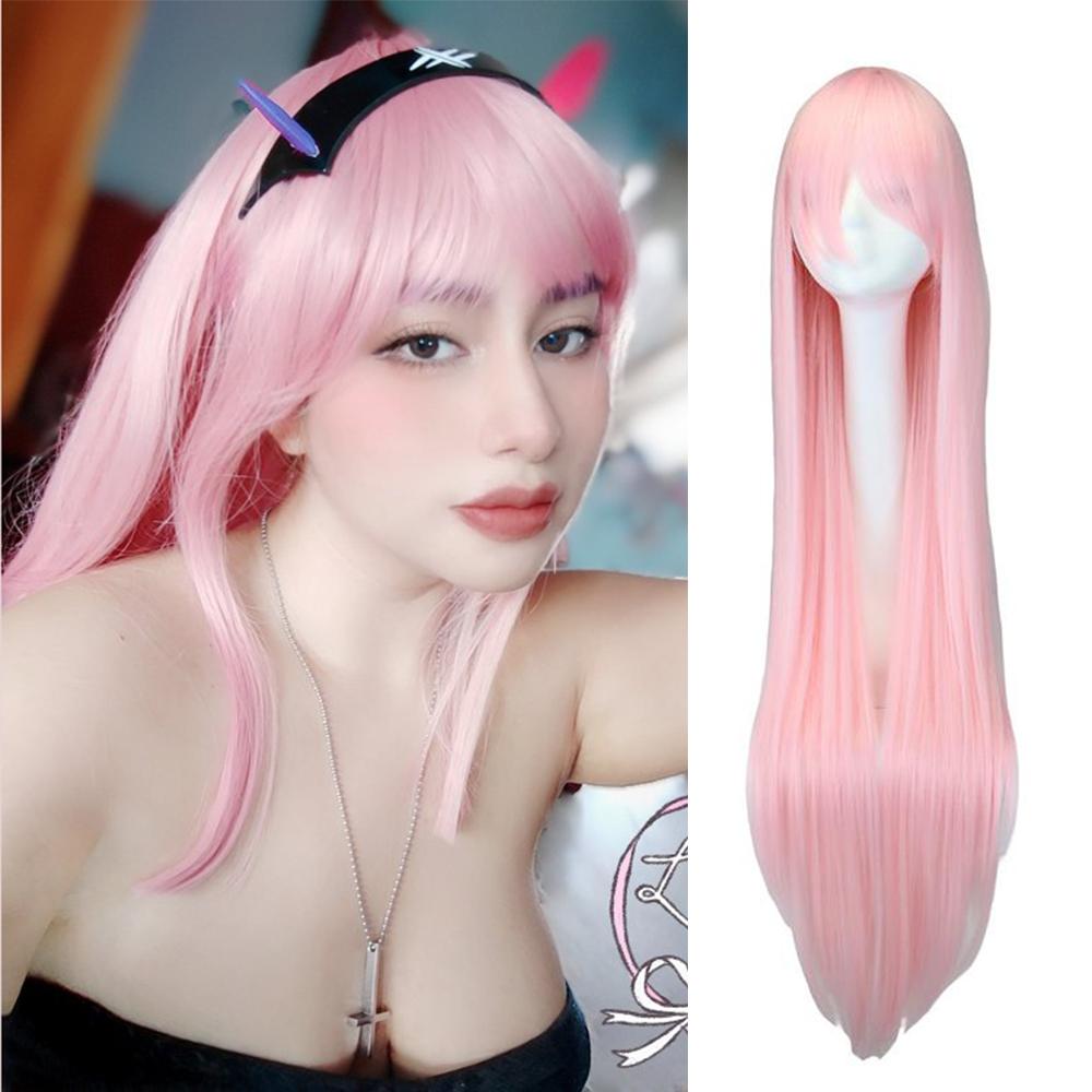 Professionelle lange gerade Cosplay Perücke Schwarz Lila Schwarz Rot Rosa Blau Dunkelbraun 100 cm Kunsthaarperücken