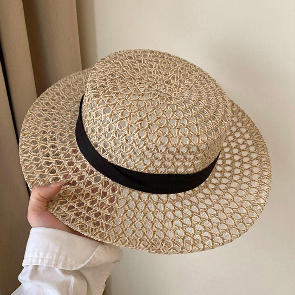 Wide Brim Straw Hat UV Protection Beach Hats French Flat Top Hat for Women