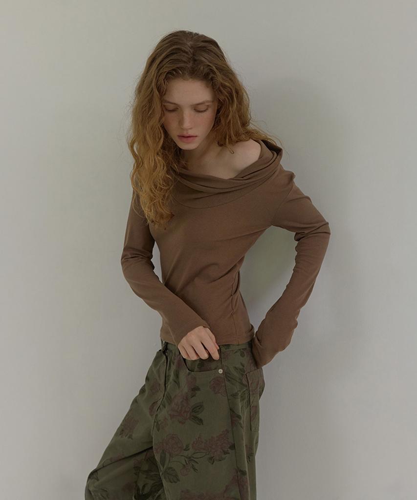 LONQUE Cowl Drape Long Sleeve T-Shirt (Brown)