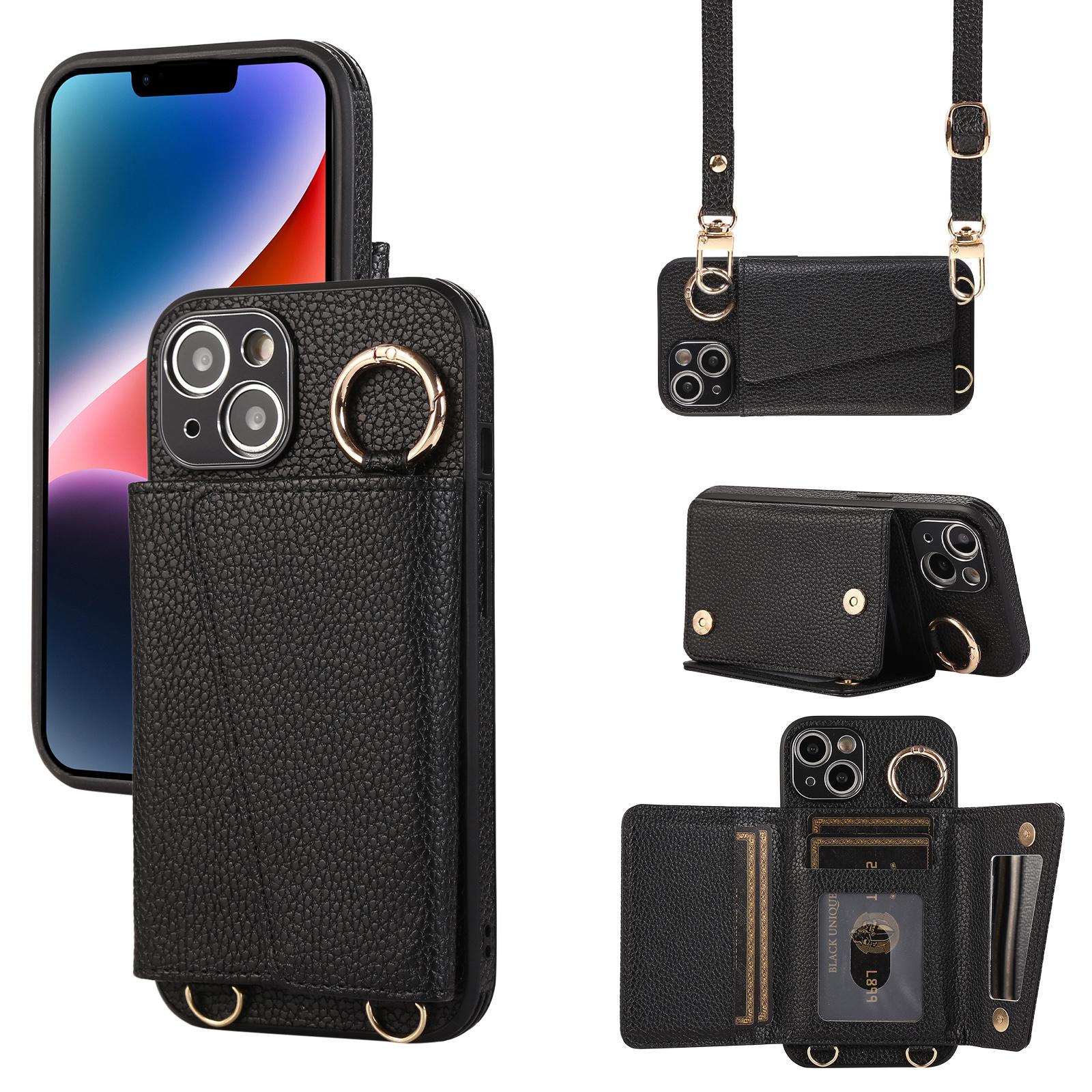 

Card Holder Cell Phone Cover For iPhone 14 Case Genuine Leather Phone Case with Shoulder Strap Black
