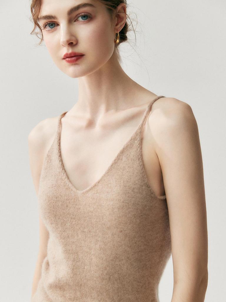 Versatile Women's V-Neck Cashmere Knit Camisole - Slim Fit, Thin Straps