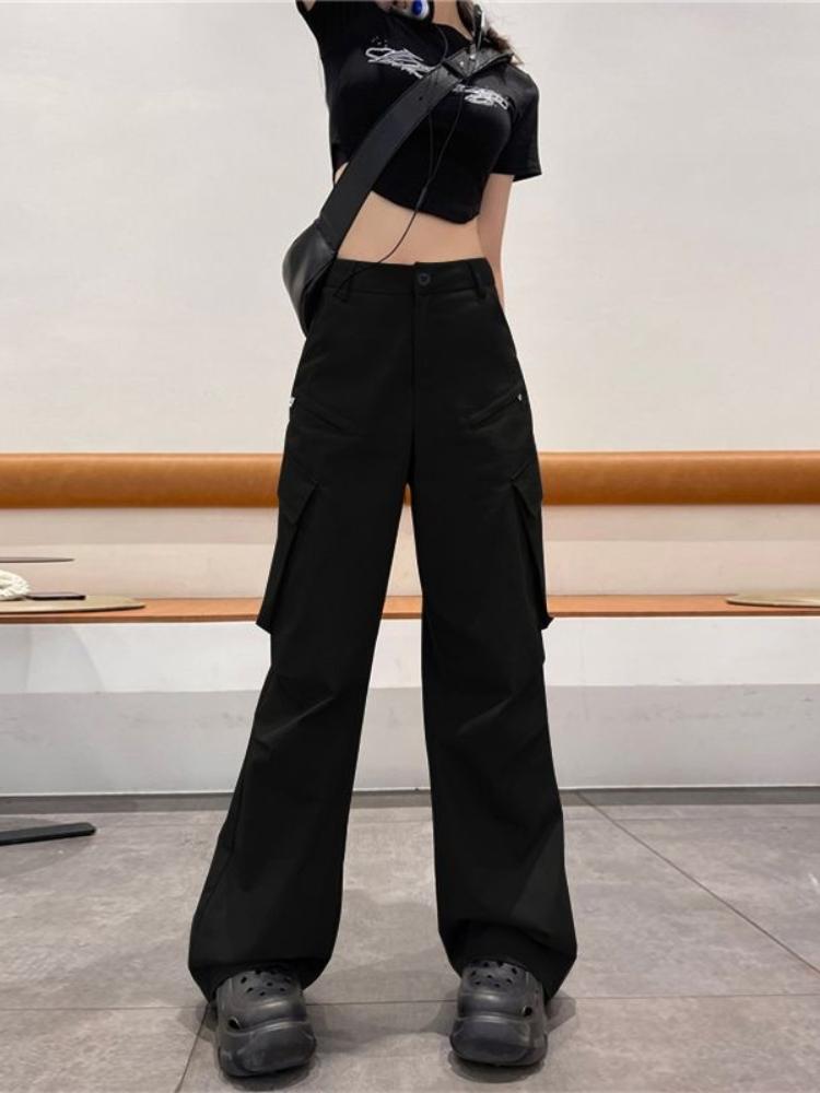 2025 Spring Summer New Gray Cargo Pants Women's High Waisted Thin American Retro Straight Wide-leg Pants Y2k Casual Flared Pants
