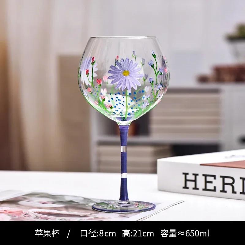 1piece Colored Plant Pattern High Legged Red Wine Glass Summer Natural Pattern Thickened Glass Cup Beer Glasses And Tall Glasses