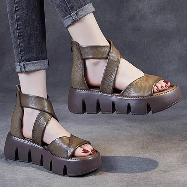 Cowhide Back Zip Wrap Heel Sandals Women Summer Thick Sole Sandals Comfortable Platform Wedges Casual Dressy Shoes Non Slip