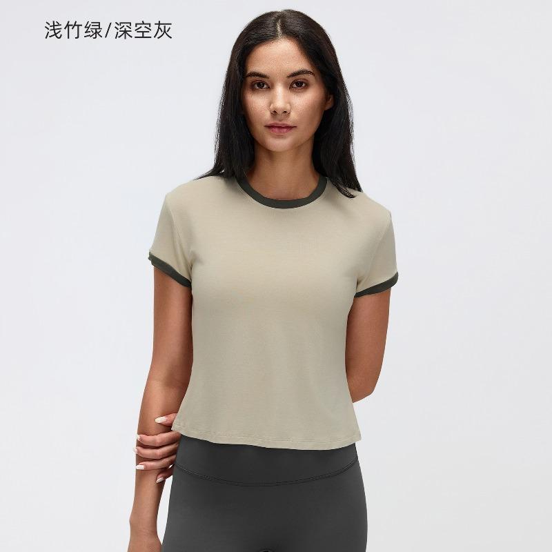 Contrasting Color Front Shoulder Short Sports Short-sleeved T-shirt Women's Summer Solid Color Round Neck Sports Yoga Top