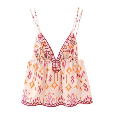 New Women's Fashion Versatile Sexy V-Neck Sleeveless Embroidery Beaded Print Short Top