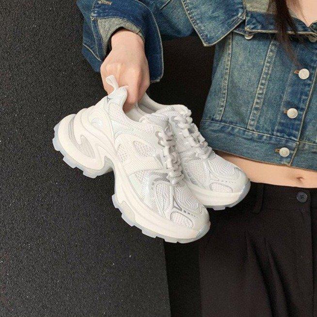 Grape Mother Same Style~ Leather Lightweight Sports Shoes Breathable Mesh Thick Sole Heightening Dad Shoes 2025 New Models