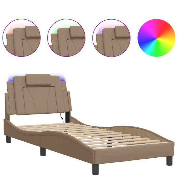 VidaXL Cadre de Lit avec Lumières LED, Lit Rembourré avec Coussin, Lit Simple, Lit Adulte Chambre, Moderne, Cappuccino 3213984