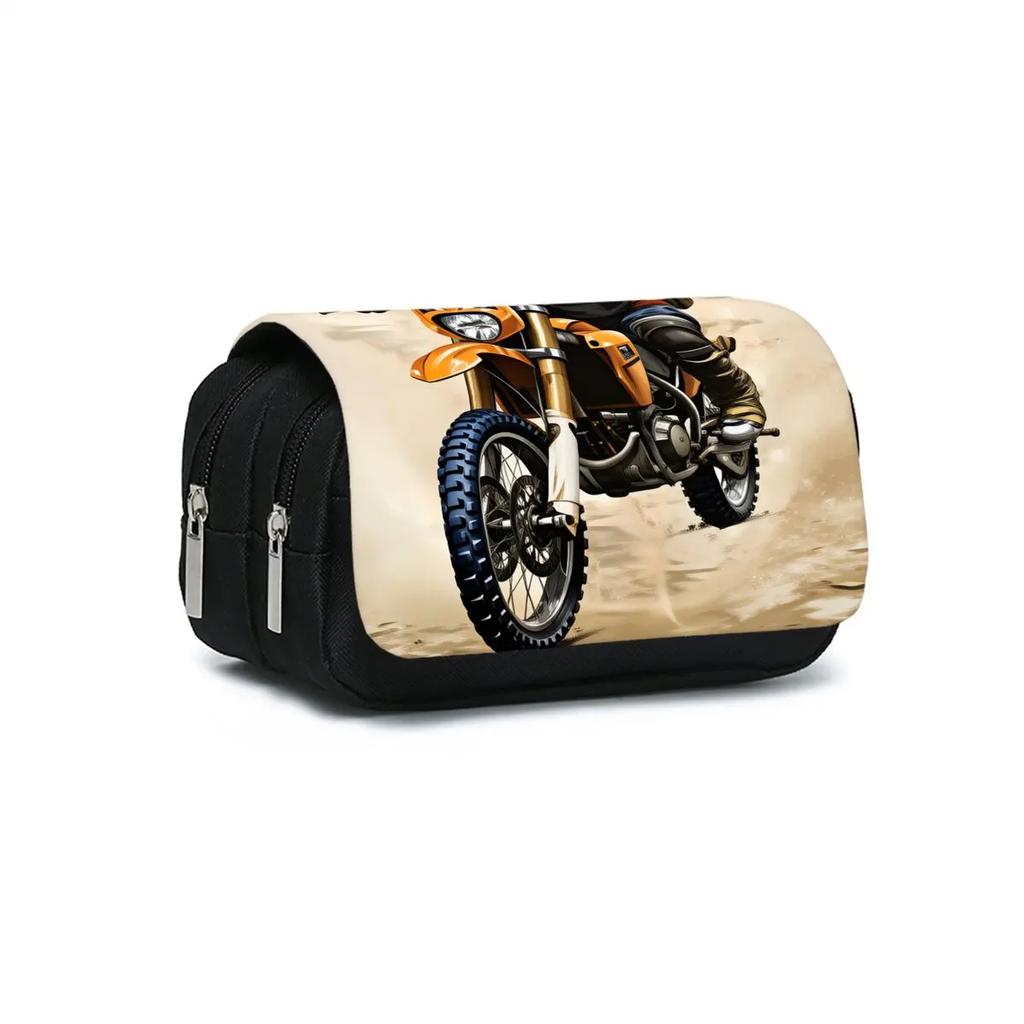 Cool Motorcycle Pattern Double Flip Fabric Pen Case Boy/Girls Best Gift 3D Pencil Pouch School Office Use Children Model WKA14