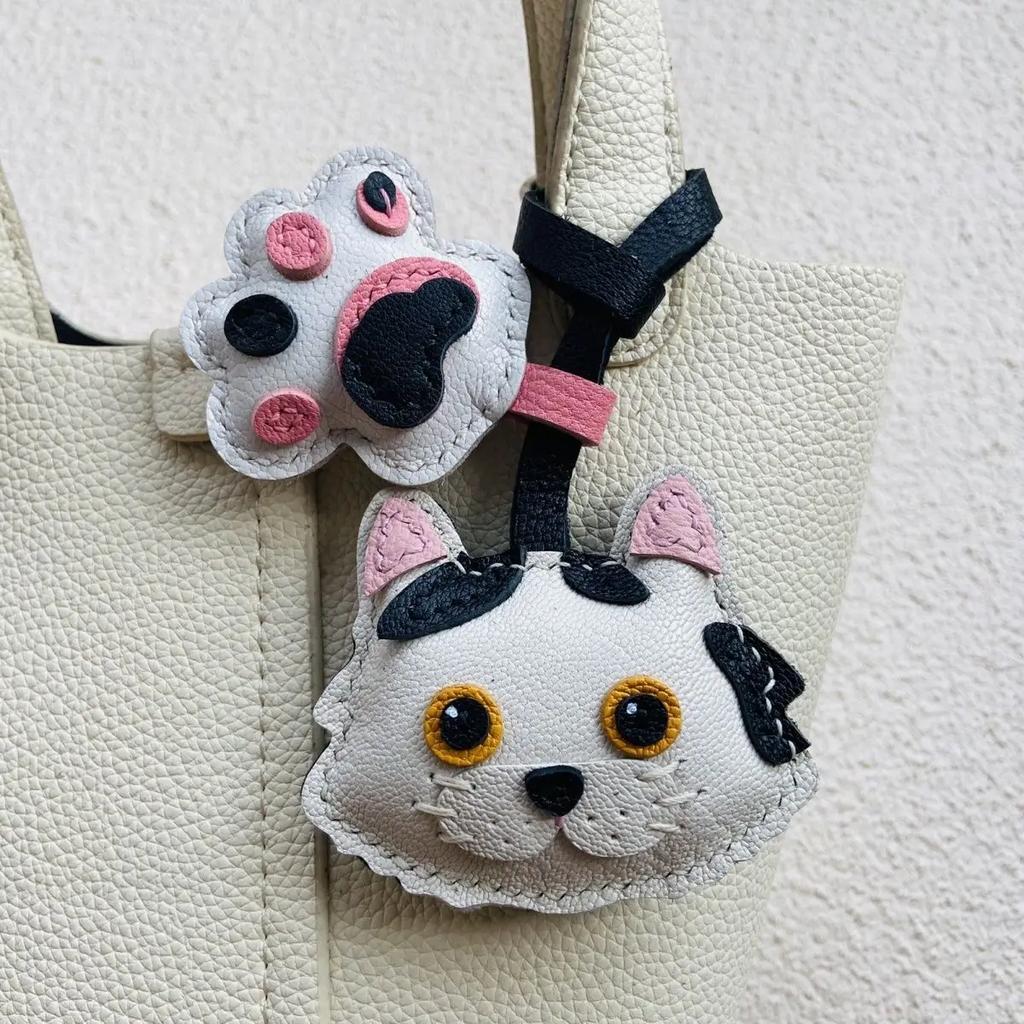 Cat Theme Brand Latest Cowhide Bag Hanging Accessories Sheepskin High Quality Key Chain Backpack Charms Diy Bag Decor Great Gift