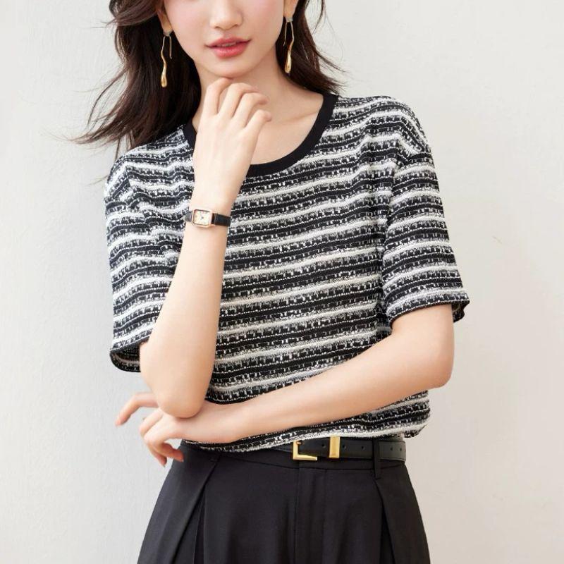 Temperment Jacquard Texture Women's Short Sleeved All Match T-shirt Summer Versatile Thin Round Neck Street Casual Tops