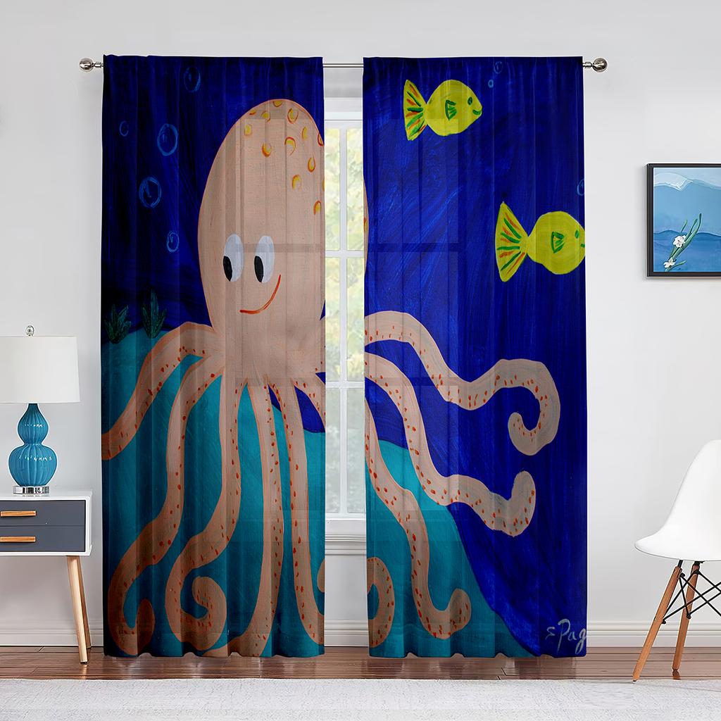 Cool Red Octopus Ocean Marine Life Chiffon Sheer Voile Curtains for Living Room Bedroom Kitchen Decor Window Tulle Curtain Drape