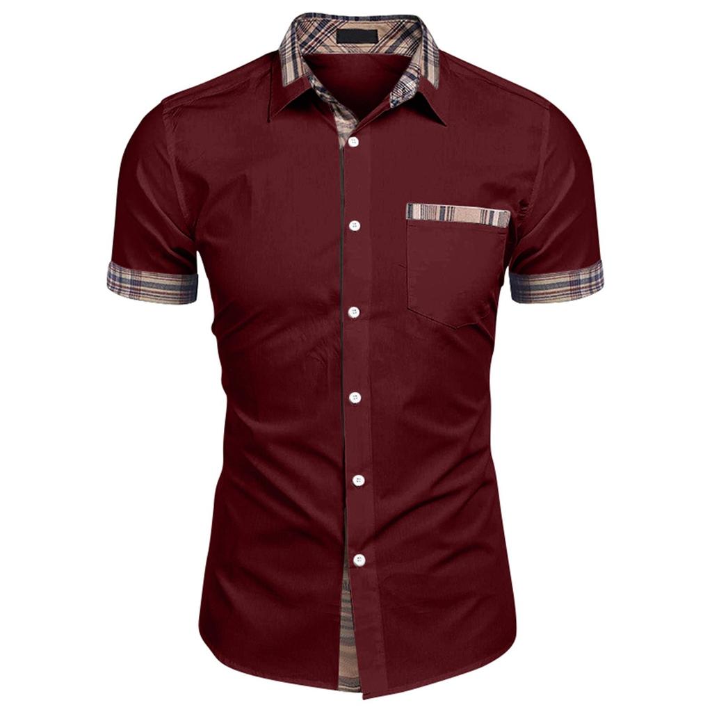 Men's Casual Short Sleeve Shirt Button Down with Plaid Trim Collar and Pocket Detail Lightweight Breathable Summer Shirt for Everyday Wear