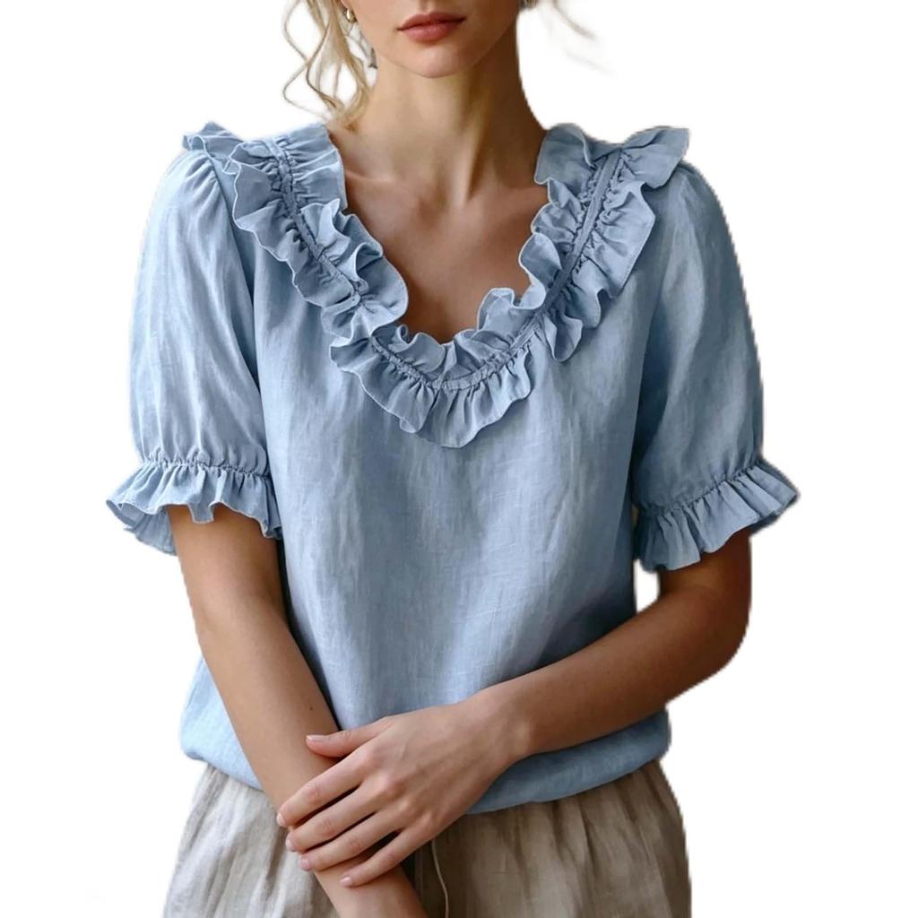 Women's Casual Short Sleeve V-Neck Ruffled Blouse Pullover Top - Fashion Summer Tee for , Date, or Daily Wear