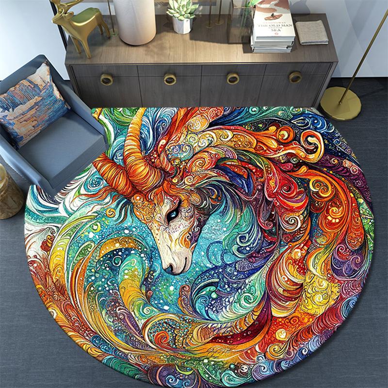 Abstract Goat and Lion Round Area Rug,Carpet Rug for Living Room Bedroom Sofa Playroom Decor,Non-slip Floor Mat