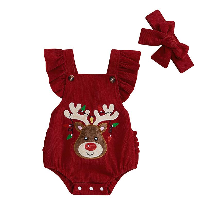 

Baby Girl Rompers and Headband Newborn Girl Flying Sleeve Elk Embroidery Jumpsuit Baby Girl Outfits Clothing 0-3M красный