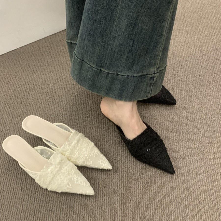 Breathable lace bag head half slippers women's summer wear French beautiful sandals 3cm kitten and pointed muller shoes