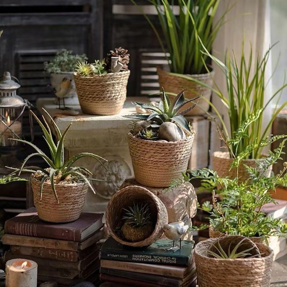 1Pcs Rattan Straw Grass Woven Flowerpot For Garden Terraces Woven Plant Flower Basket