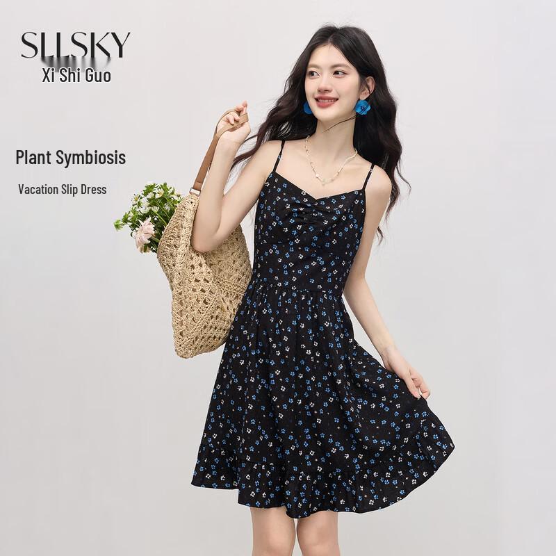 Petite Black Floral Spaghetti Strap Vacation Dress L