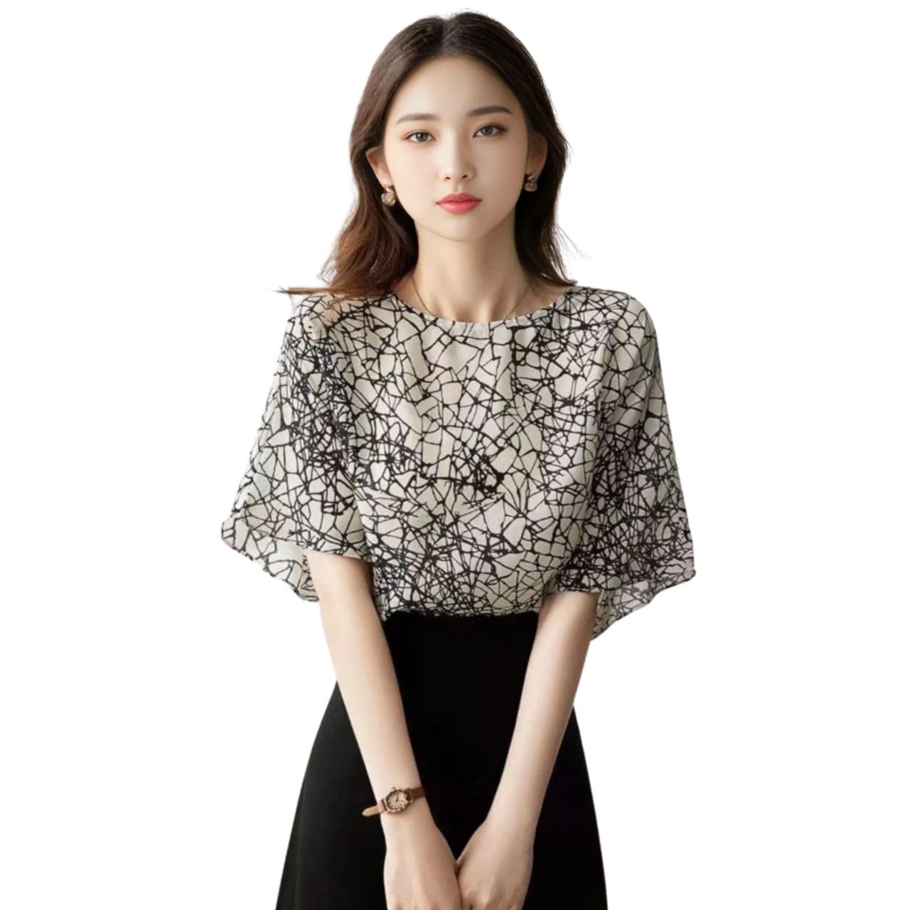 

Printed Monotone Chiffon Blouse with Flare Half and Round J-Scott Women s Sleeves, Sleeves, Neck, White, JS142-WH-XL белый