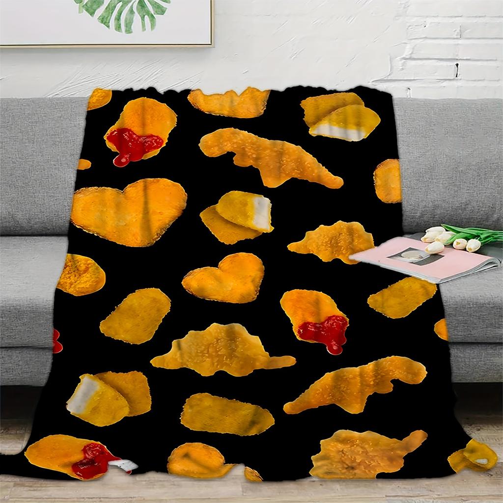 1pc Creative Chicken Nuggets Theme Printed Flannel Blanket, Gift Square Blanket Is Soft And Comfortable, Suitable For Adults At