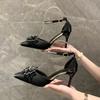Rhinestone Bow High Heels Women 2024 New Spring and Autumn Pointy Net Red Packet Head Stiletto Sandals Fairy Wind