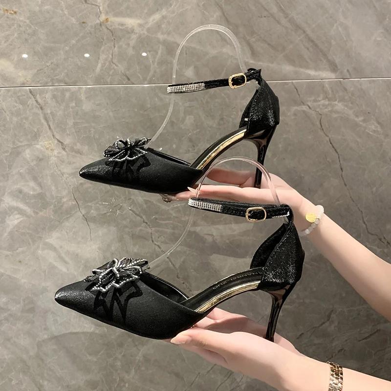 Rhinestone Bow High Heels Women 2024 New Spring and Autumn Pointy Net Red Packet Head Stiletto Sandals Fairy Wind