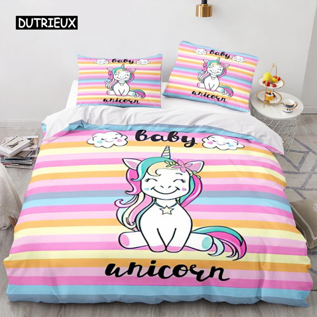 Çizgi Film Tek Boynuzlu At Nevresim Gökkuşağı Yatak Takımı At Mikrofiber Yorgan Kılıfı Çocuklar Kızlar Doğum Günü Hediyeleri Oda Dekoru