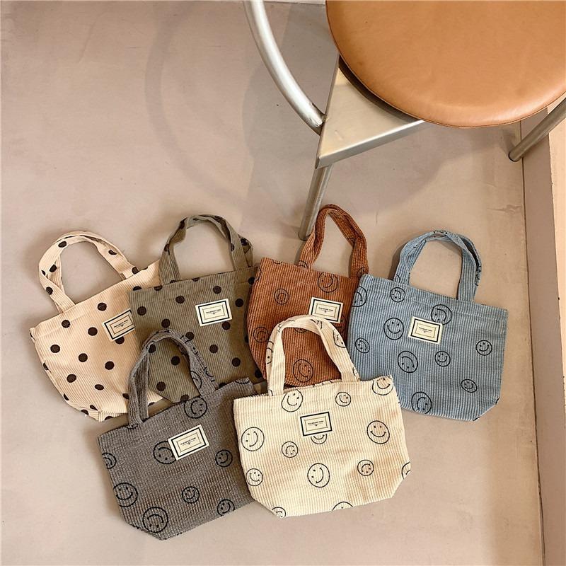 1221 new corduroy retro polka dot handbag cute smiley face hand carrying tote bag women's bento bag