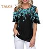 Damen T-Shirt Rundhalsausschnitt Kalte Schulter Kurzarm T-Shirt Lockere Passform Blumendruck Lässiges T-Shirt Für Den Alltag