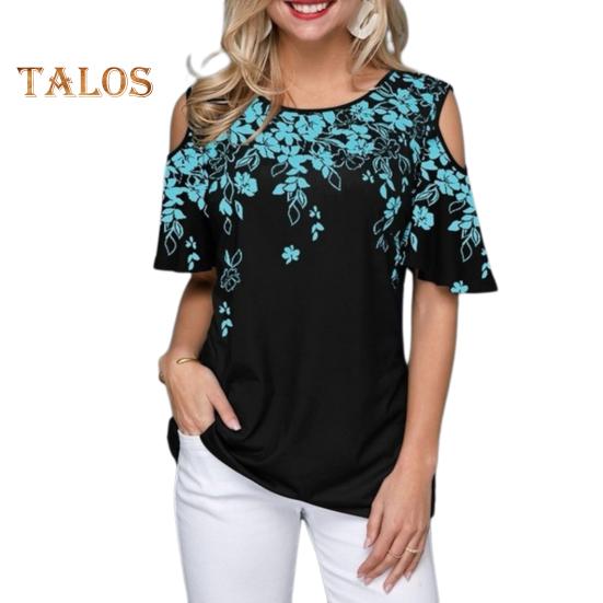 Damen T-Shirt Rundhalsausschnitt Kalte Schulter Kurzarm T-Shirt Lockere Passform Blumendruck Lässiges T-Shirt Für Den Alltag
