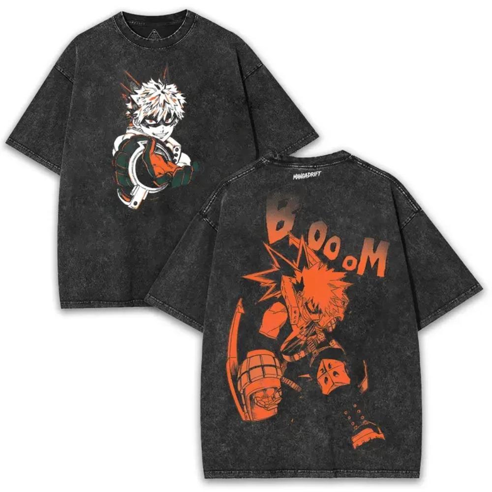 Anime My Hero Academia Bakugou Katsuki Print Tee Men Women Clothing Washed Cotton T-shirt Vintage Casual T Shirt Harajuku Tshirt