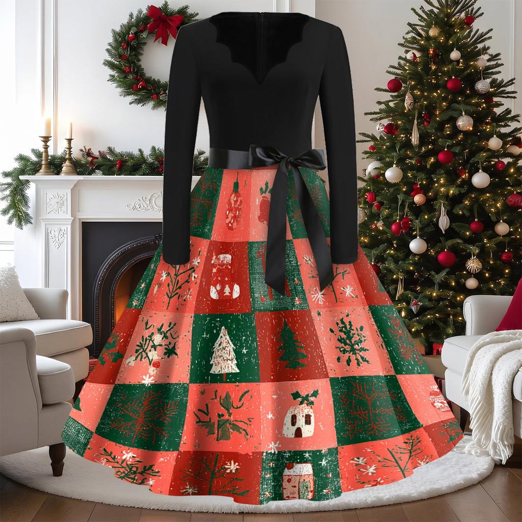 Women's Casual Vintage V-Neck Long Sleeve Dress with Christmas Print