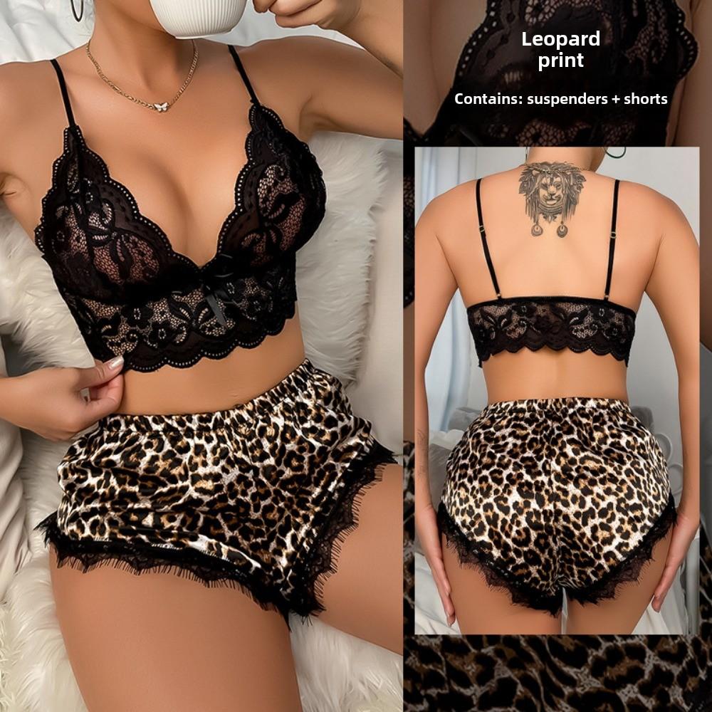 Leopard Print Sex Underwear Sexy Lace Suspender Pattern Shorts Charm Simulation Silk Set