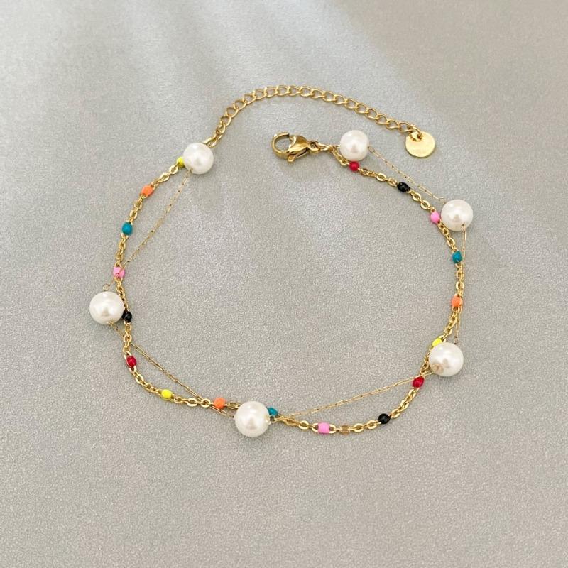 Gold Double Layer Pearl Black Bead Bracelet – Elegant Pearl Chain Jewelry, Vintage Party Gift for Women