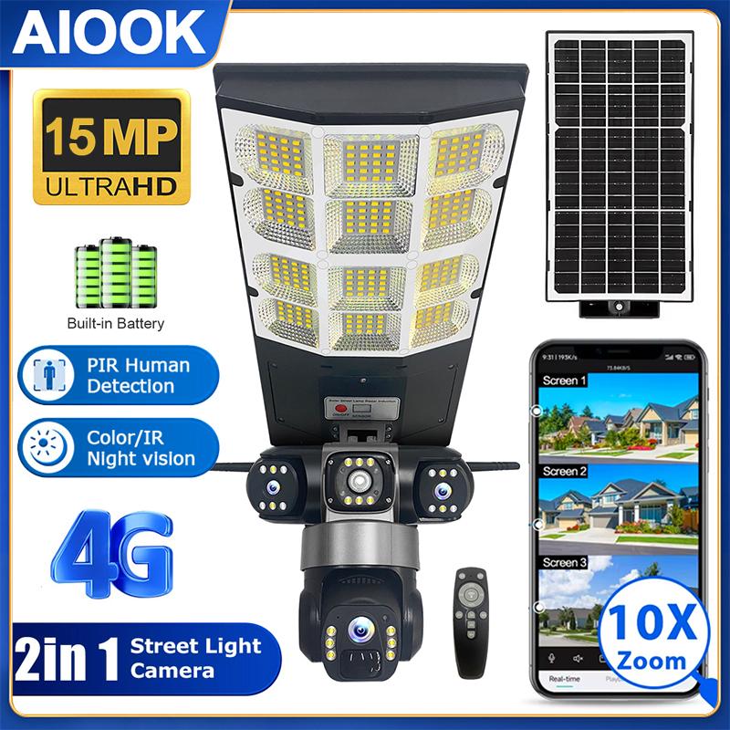 AIOOK Solar Street Light 2in1 Solar Camera Triple Lens HD 15MP WIFI V380 PRO 4G Camera Waterproof Night Vision Two Way Intercom